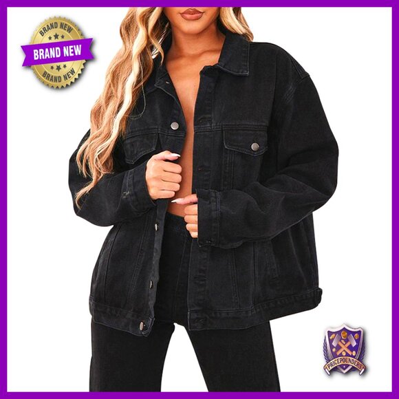 Distressed Denim Jacket Oversized Trucker Coat Long Sleeve Button Front